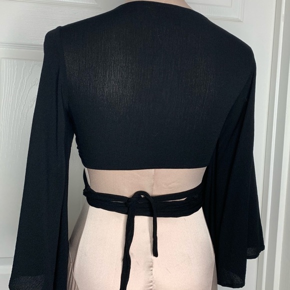 Eastnwest Black Cropped Tie Top Bat Sleeves Boho - Picture 4 of 8